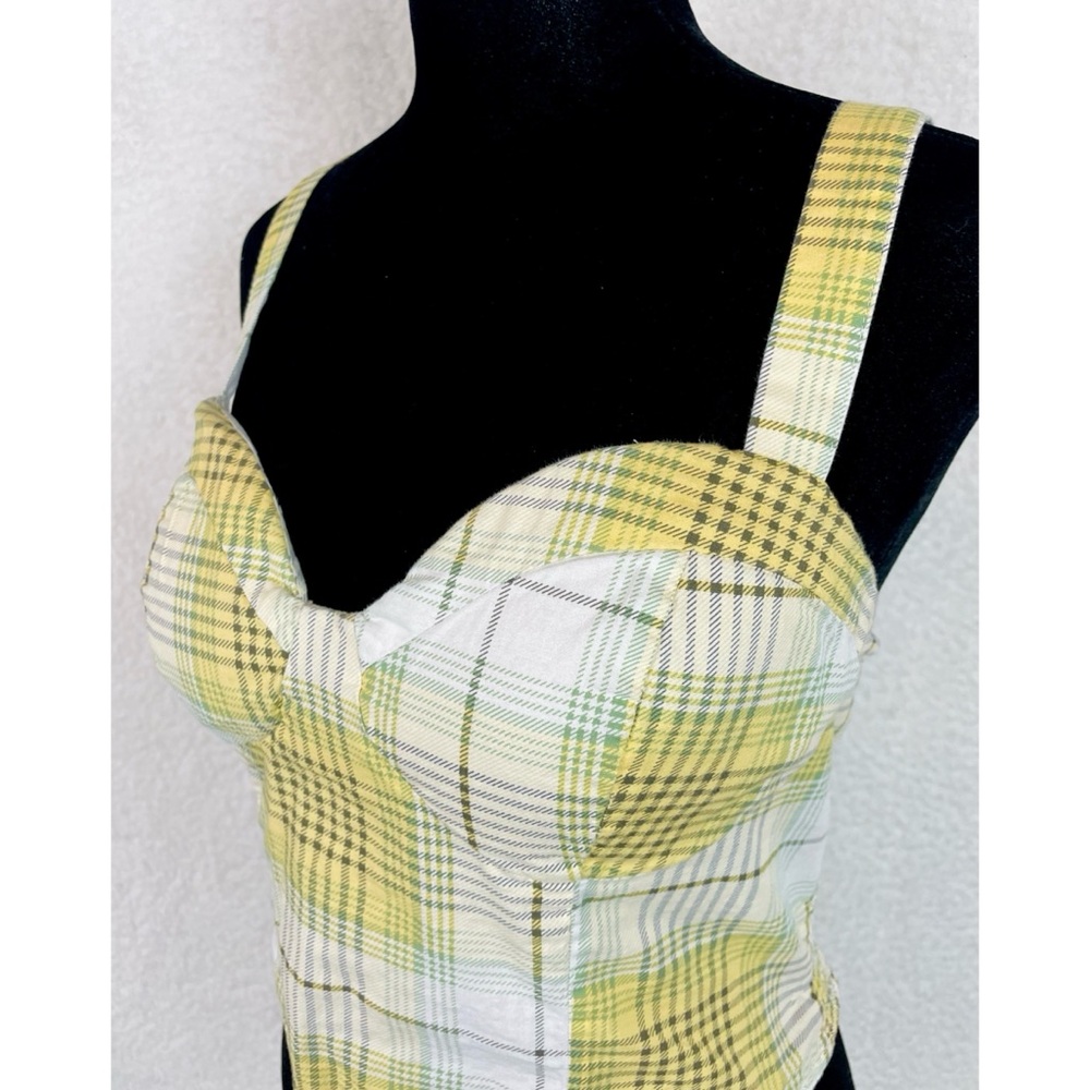 TWINE & STRING • Yellow/Green/White/Brown Plaid Bustier Smocked Crop Top, L - Picture 5 of 16